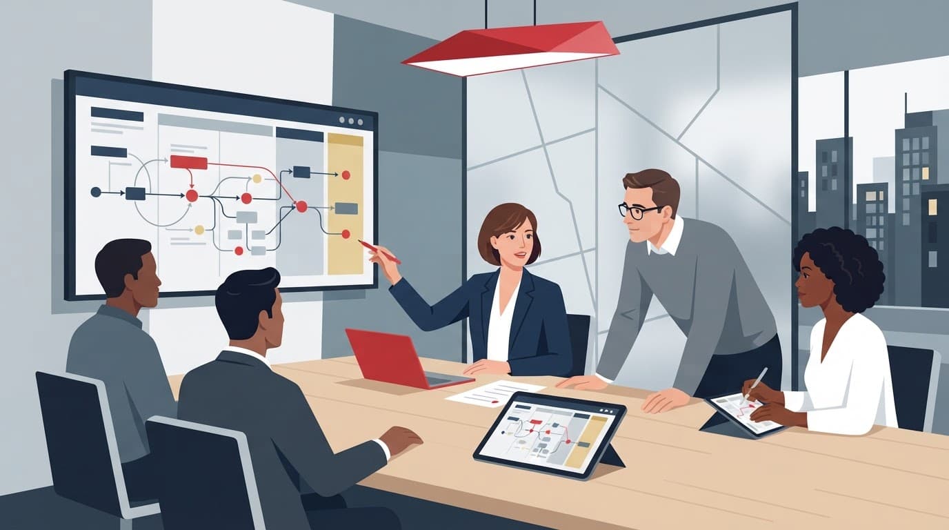An operating partner shares a technology strategy with executives in a minimalist conference room.