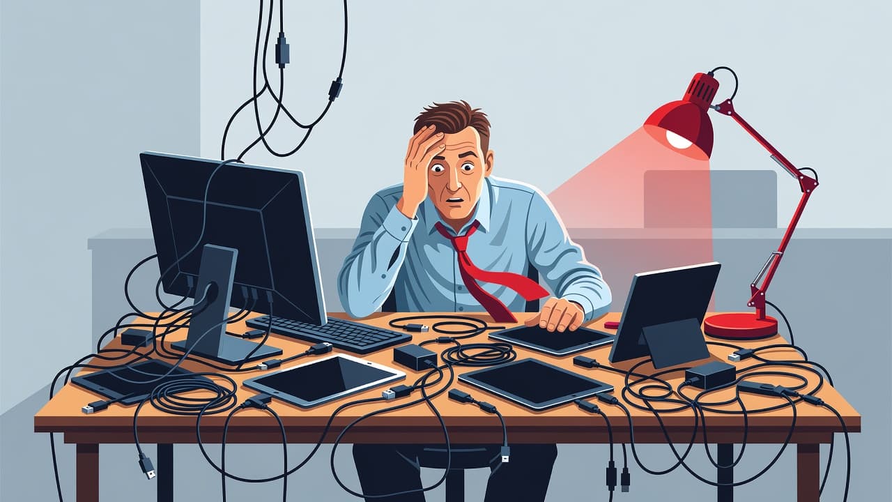 A confused person sits at a desk buried under tangled black cables and various disconnected electronic monitors. A striking red desk lamp casts a sharp glow over the disorganized workspace scene.
