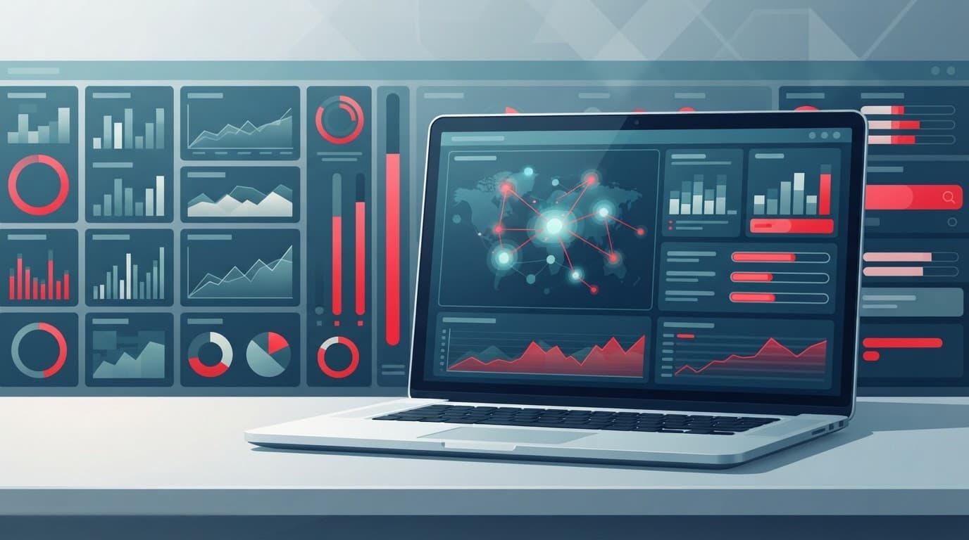 A minimal digital dashboard showing structured data blocks with red accents.