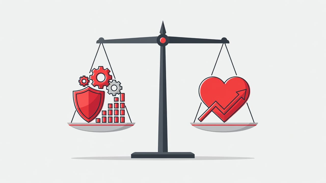 A minimalist balanced scale features weighted icons representing security protocols on the left, counterbalanced by investor trust on the right. Bold shapes and red accents define the professional vector graphic style.