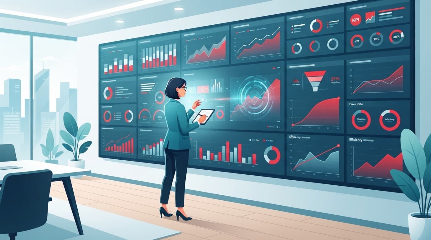 A professional analyzing software pilot metrics on a large wall display.