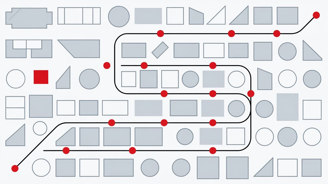 A minimalist path winds through orderly geometric shapes and clean white lines. Bold red accent nodes signify critical milestones along this structured route toward achieving complete internal control and audit readiness.