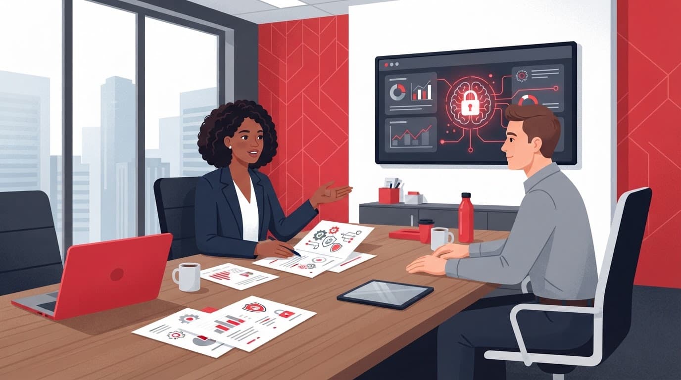 Two colleagues reviewing documents and screen in a red-accented boardroom.