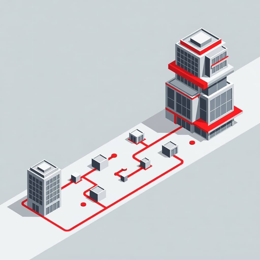 A stylized graphic shows a winding path connecting a humble cottage to a towering modern skyscraper. Vibrant red accents highlight the journey through various geometric development stages against a neutral background.