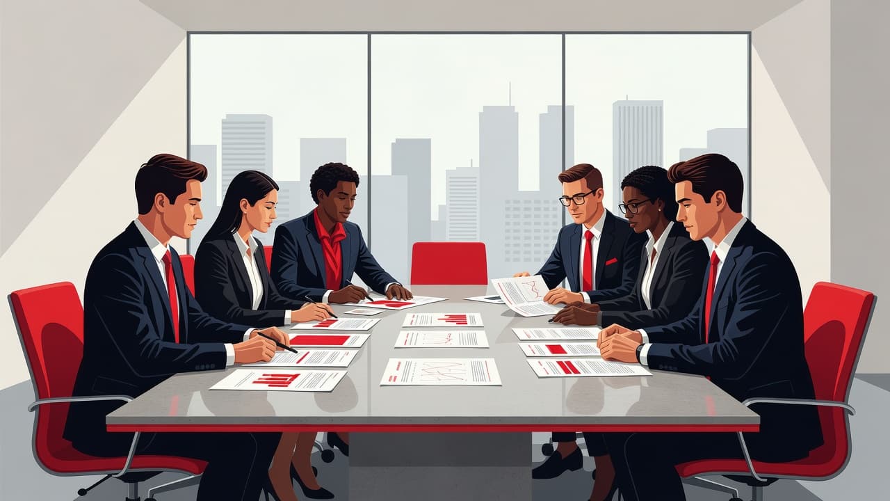 Executives reviewing technology documents around a sleek meeting table.