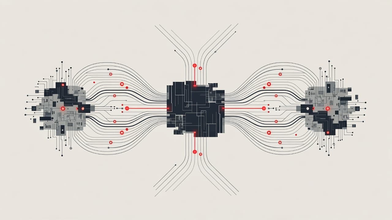 Two intricate digital network nodes merge into a single, stable central structure. The composition highlights vibrant red connection points against a clean, neutral background to emphasize the process of architectural consolidation.
