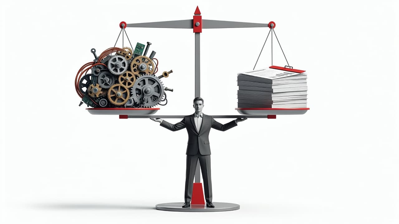 A stylized professional stands behind a balanced scale holding heavy mechanical gears on one side and a financial document on the other. Saturated red accents highlight the complex engineering components.