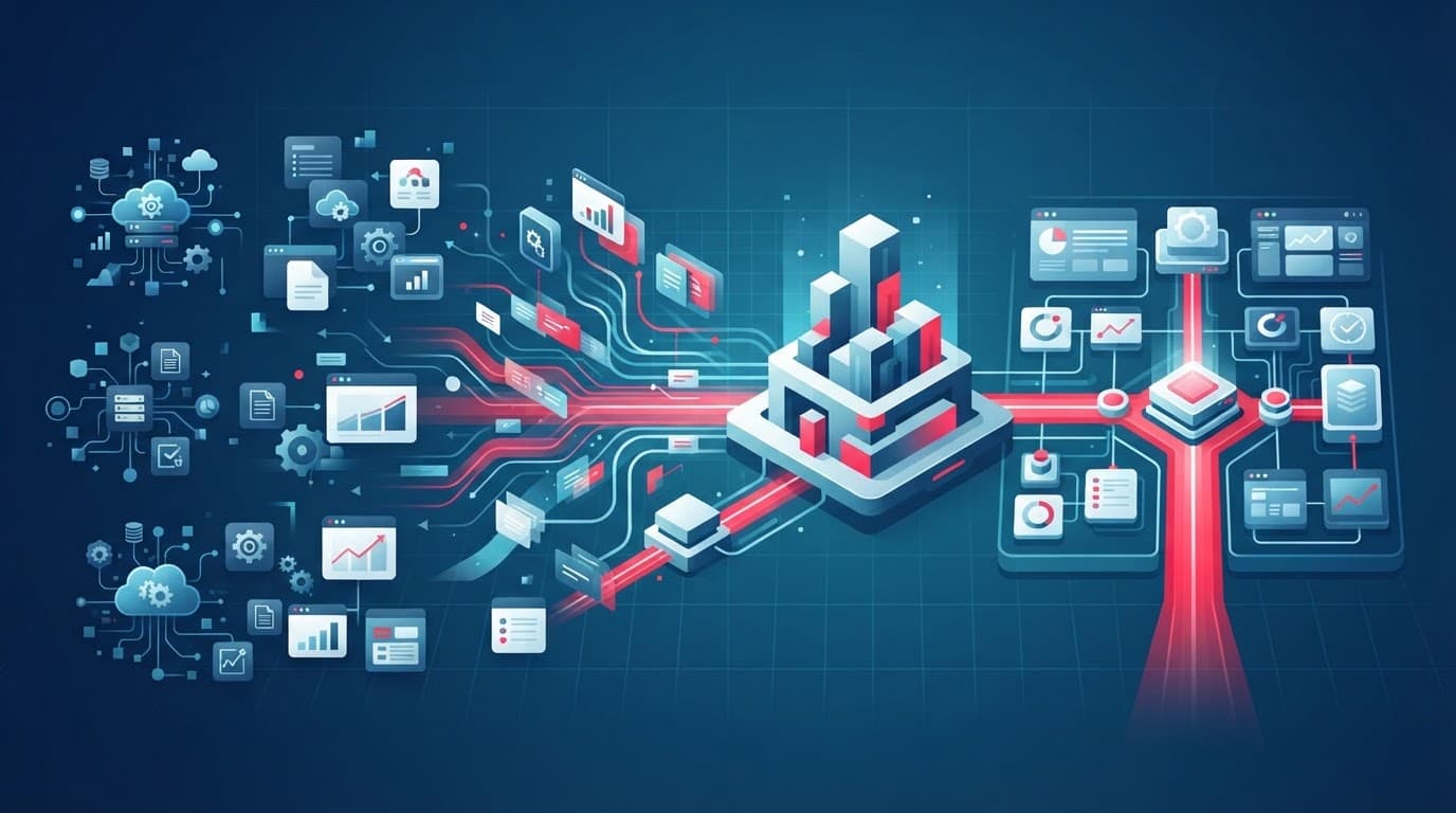 A clean vector illustration showing connected software systems with bold red accents.