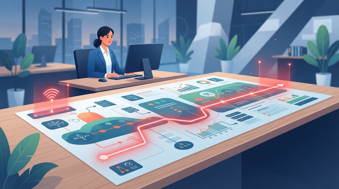 Vector illustration of a technology roadmap on a desk with glowing red accents.
