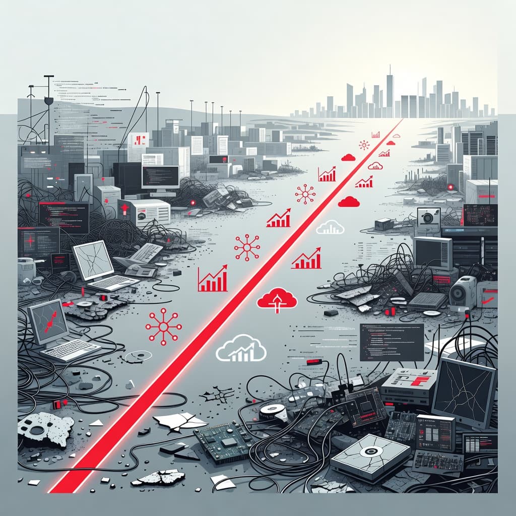 A vibrant red line cuts through a chaotic, dark field of tangled geometric shapes. This streamlined path leads toward a glowing horizon, symbolizing strategic focus and technical order amidst organizational complexity.
