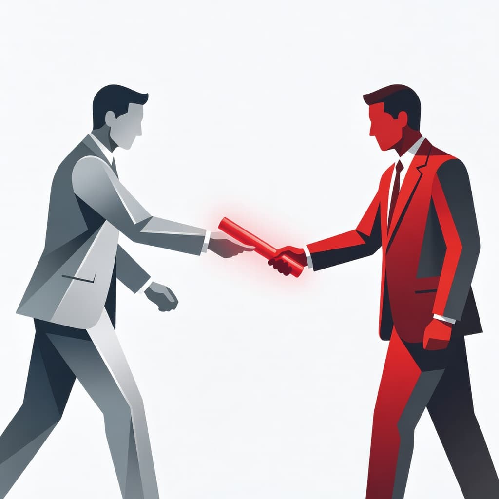 Two stylized minimalist figures perform a baton pass against a crisp white background. Bold red shapes emphasize the connection between the participants, representing the fluid exchange of corporate technology responsibilities.