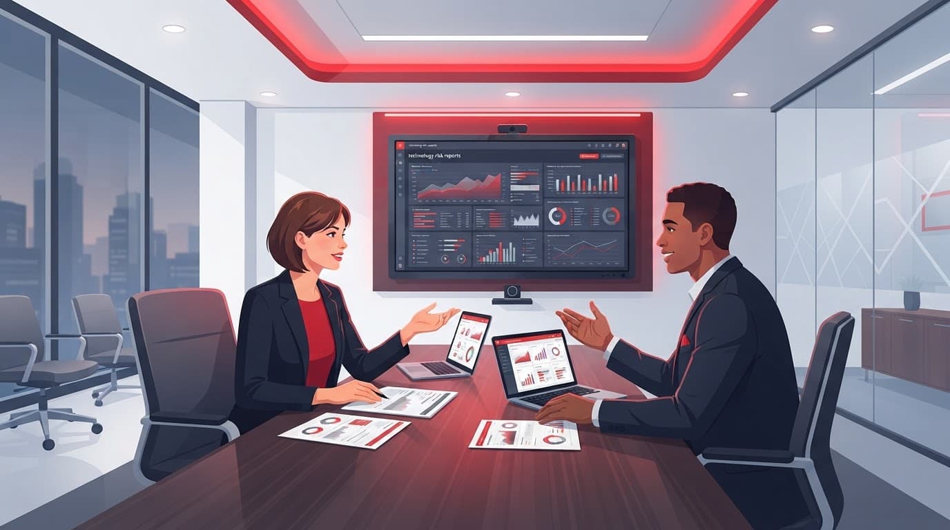 Two leaders review technology risk reports at a modern boardroom table.
