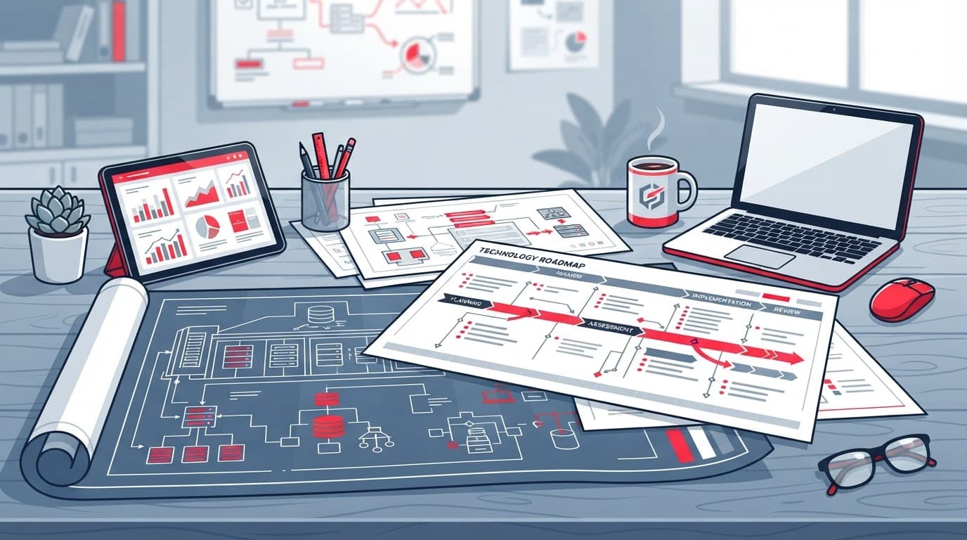 A vector illustration of technology blueprints and a project planning document on a desk.