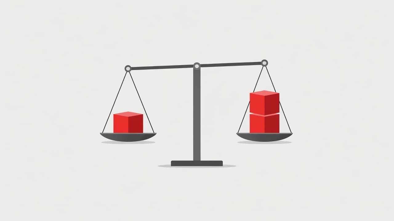 A minimalist balancing scale displays three distinct weights on its platform, representing strategic priorities. The composition uses a clean white background with bold red accents to highlight the symbolic equilibrium.
