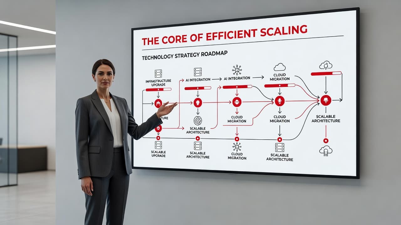 A focused leader gestures toward a minimalist digital roadmap featuring bold red accents and sharp geometric lines. The clean background highlights a clear path forward within a professional corporate setting.