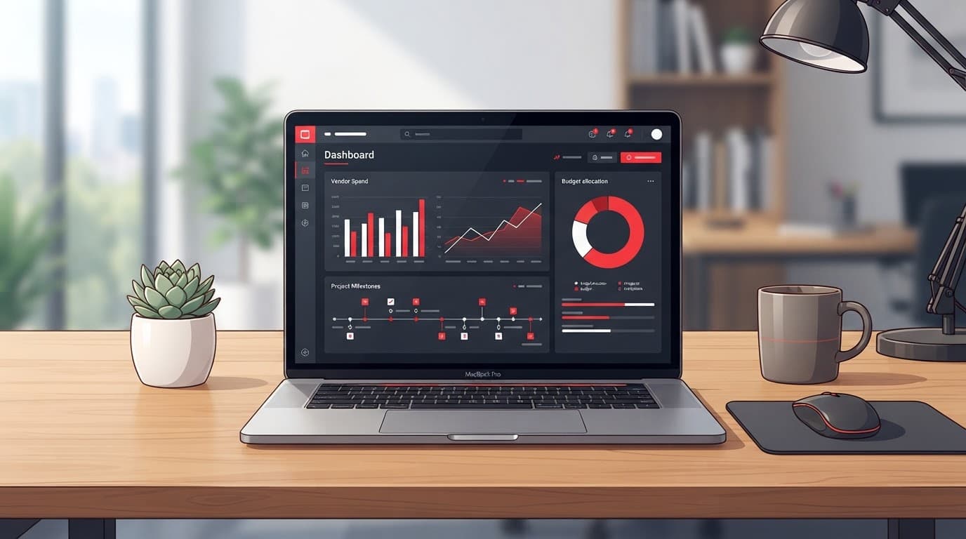 Laptop showing vendor spending and project milestones on a clean office desk.
