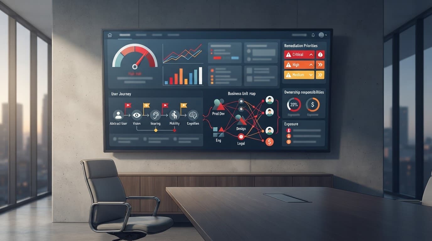 Angled monitor showing accessibility risks and priorities in a quiet boardroom.