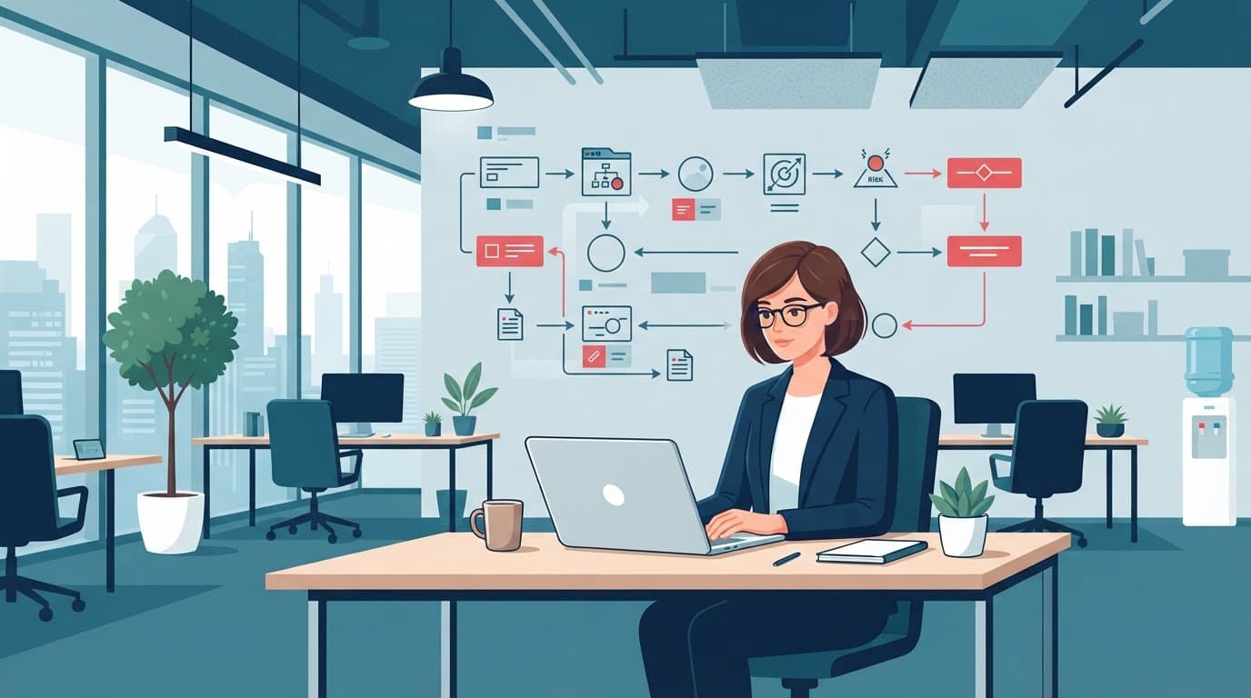 A professional working calmly at a desk with a laptop showing a risk flowchart.