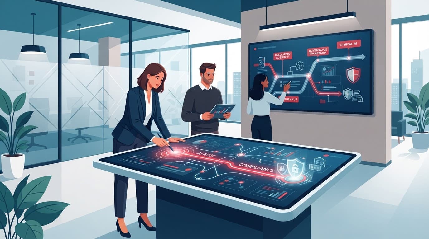 A modern office planning scene with connected shapes and a bold red accent.