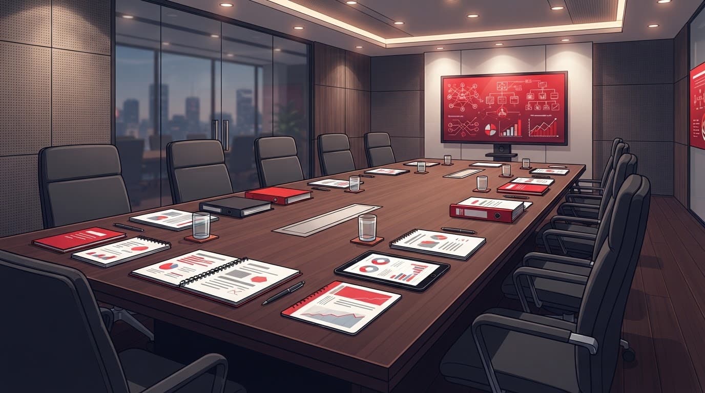 A clean corporate boardroom table set with minimalist charts and red accents.