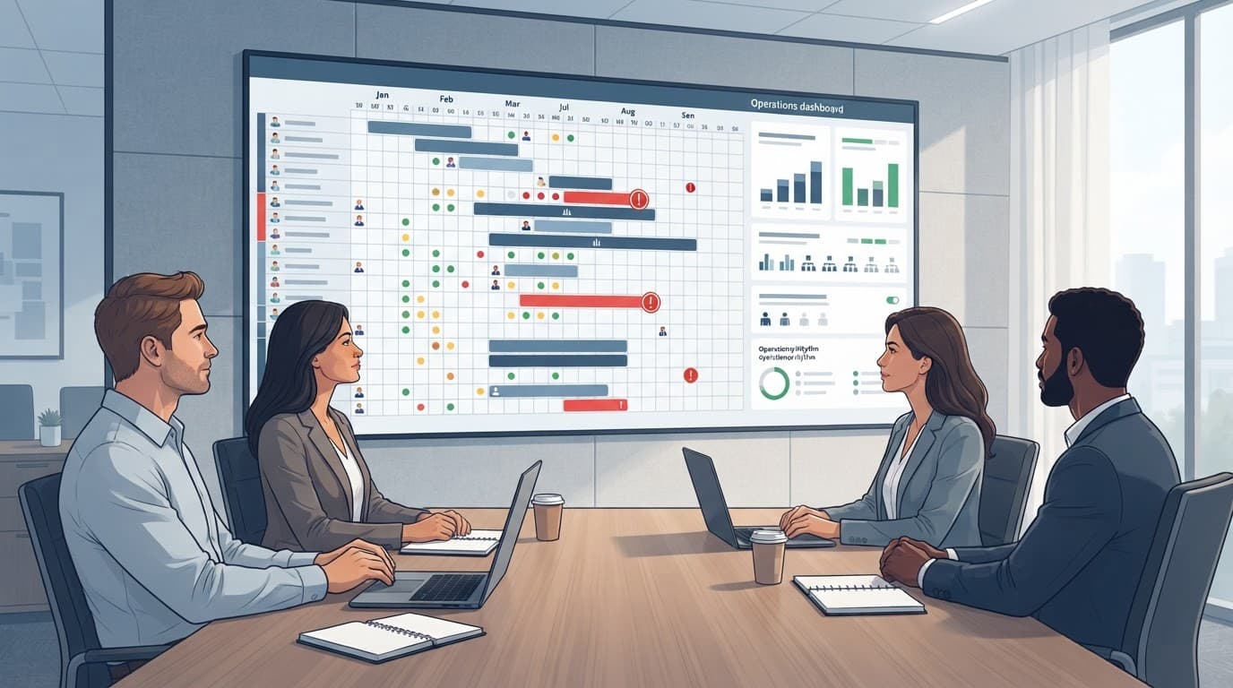 Four executives review a continuity calendar and operations dashboard with milestone and escalation markers.