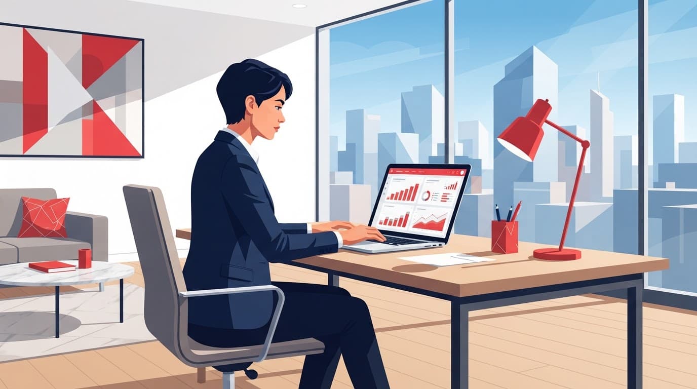 A CFO reviews financial and technology charts on a laptop in a bright minimalist office.