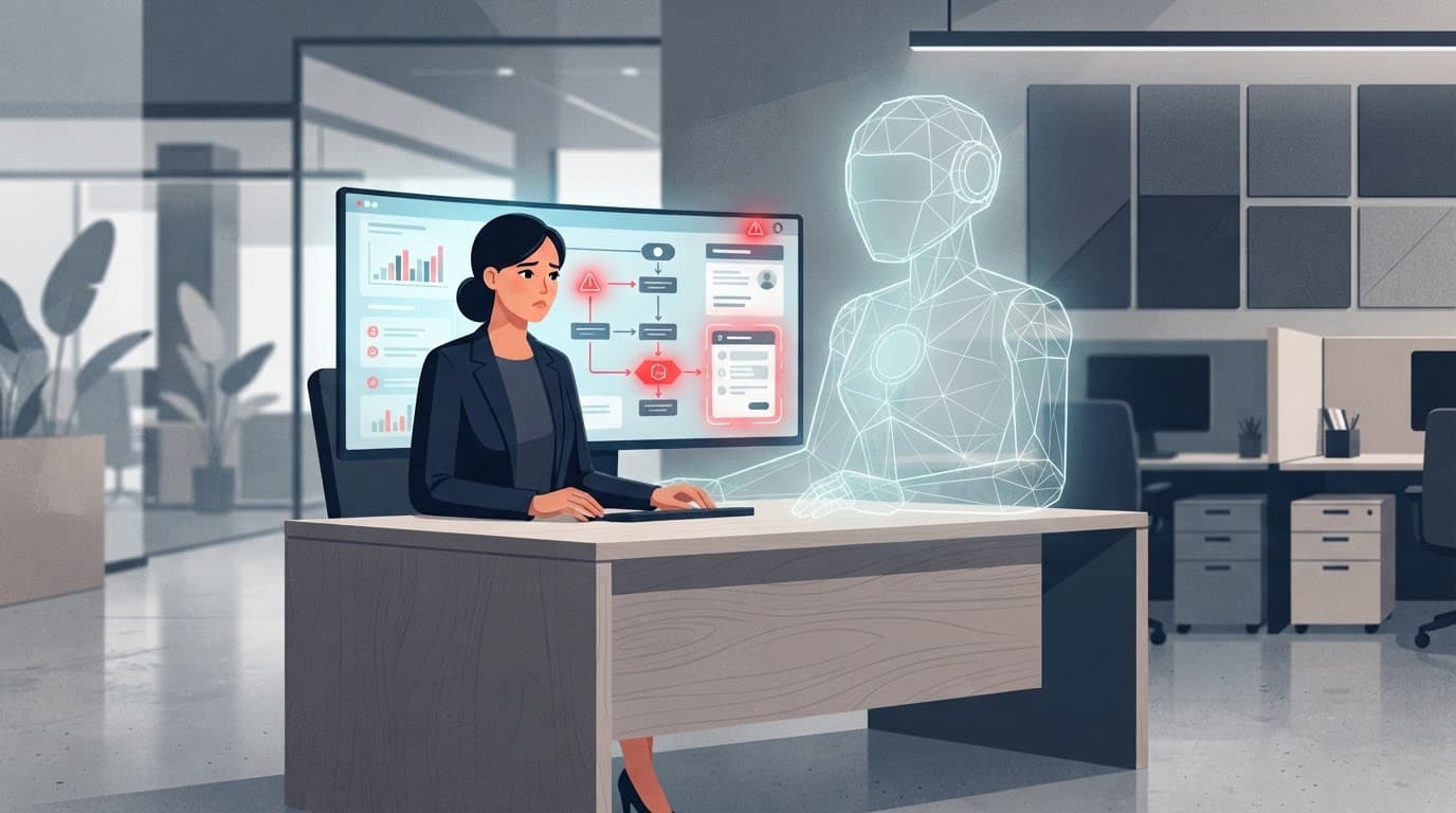Modern service desk with a monitor and faint assistant outline in neutral tones with red accents.