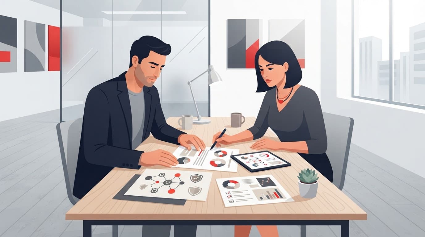 Two business leaders review a cybersecurity application at a wooden office desk.