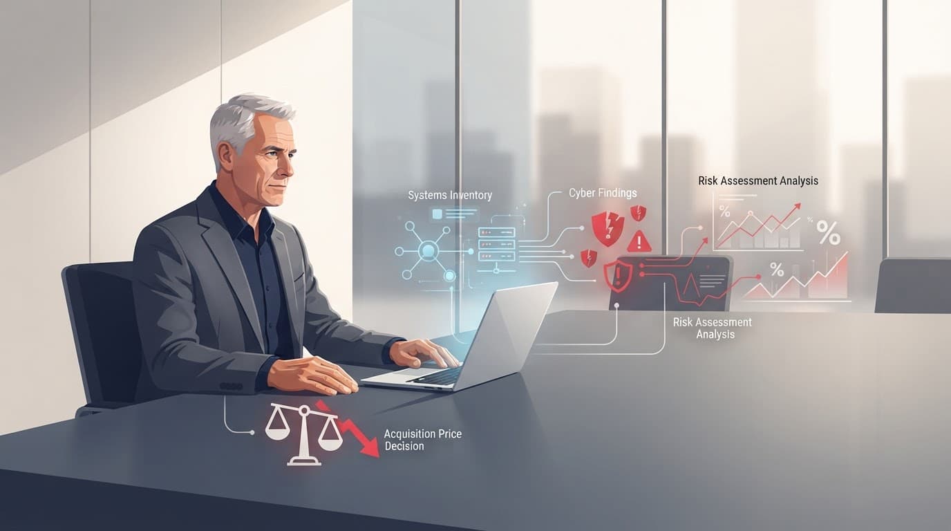 An executive reviews cyber risks on a laptop in a modern boardroom.