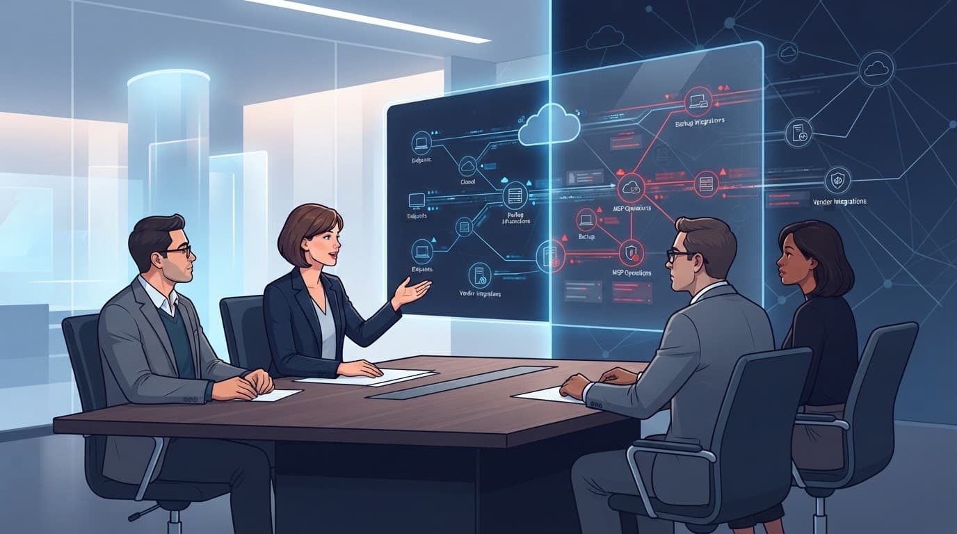 Three executives review connected security systems across a visible responsibility boundary.