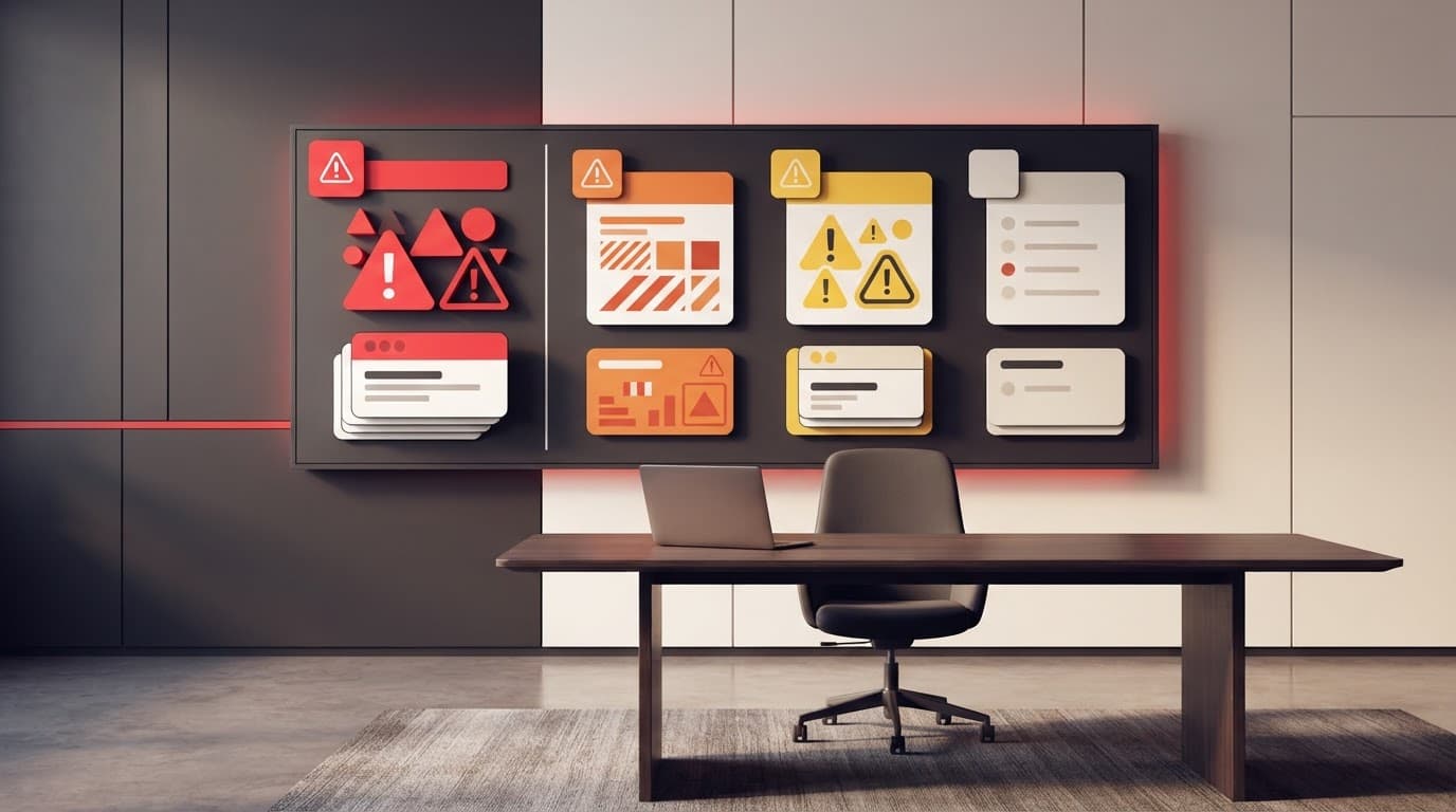 A laptop and four color-coded risk cards sit on a meeting room table.