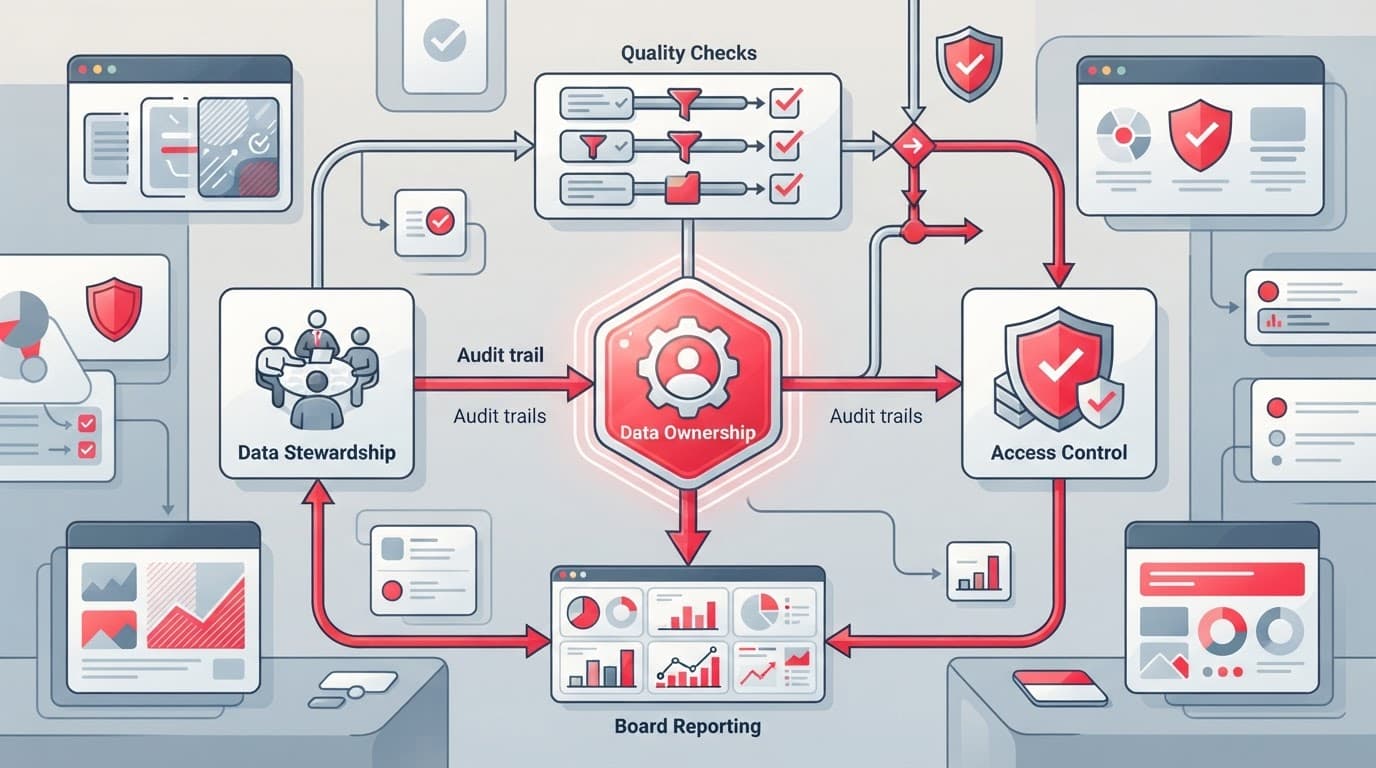 A central governance hub connects data cards, shields, quality checks, and reporting symbols.