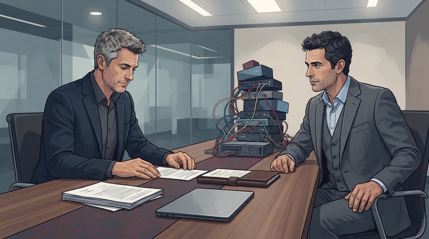 Two executives review acquisition papers beside a laptop and unstable blocks of tangled cables.