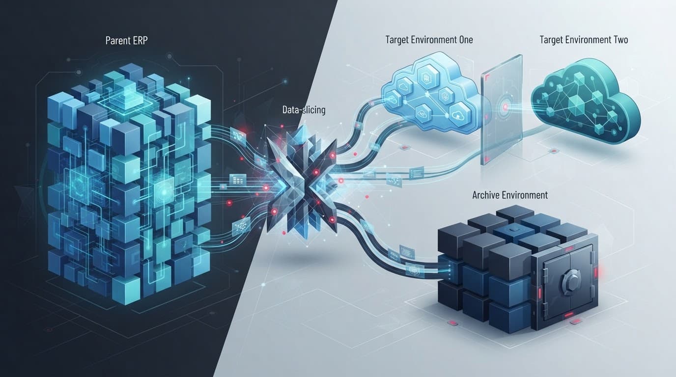 Diagram showing ERP data split between secure targets and archive storage.