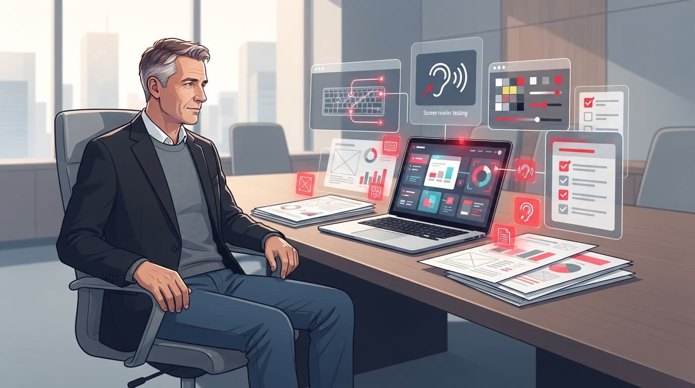 An executive reviews accessibility risks beside a laptop and abstract interface panels.