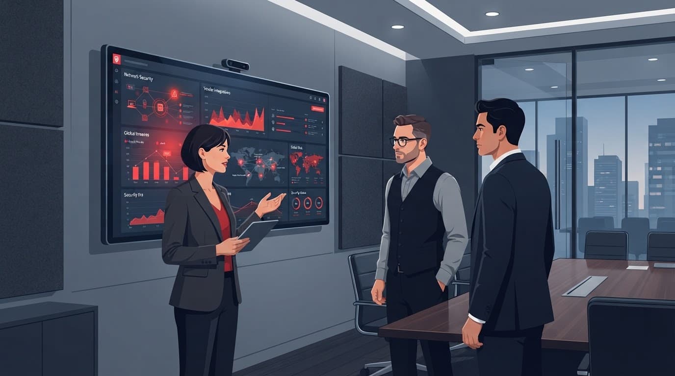 Three executives review security dashboards on a sleek display in a dark modern boardroom.