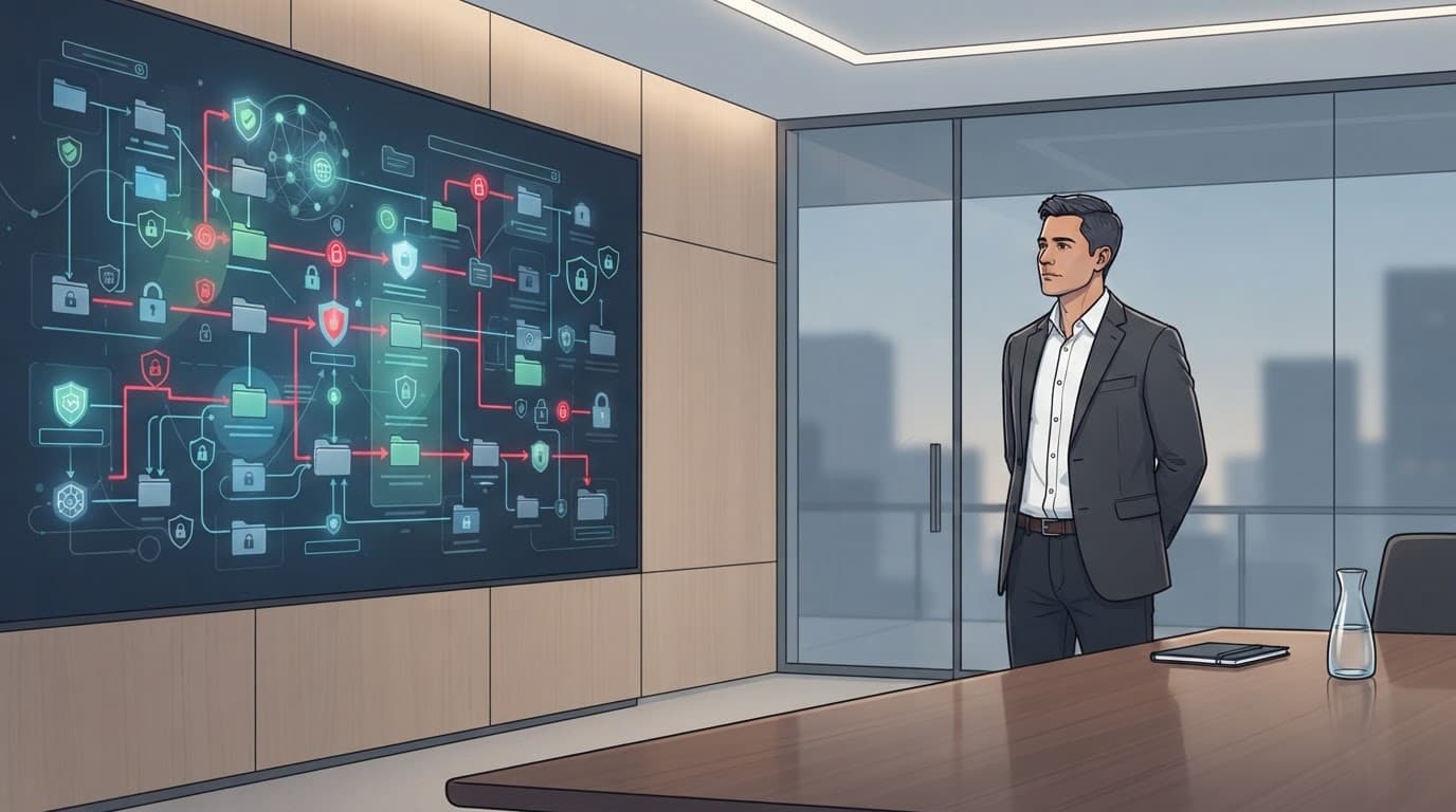 An executive reviews a connected data map on a wall display.