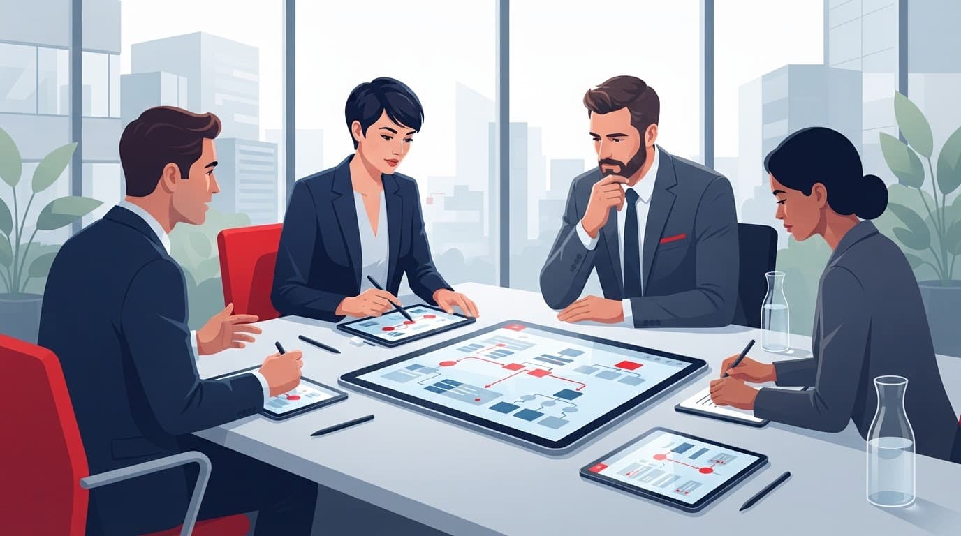 Executives review governance dashboards and documents around a clean desk with red accents.