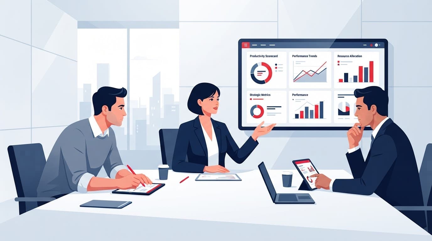 Three leaders review charts around a conference table with red accents.