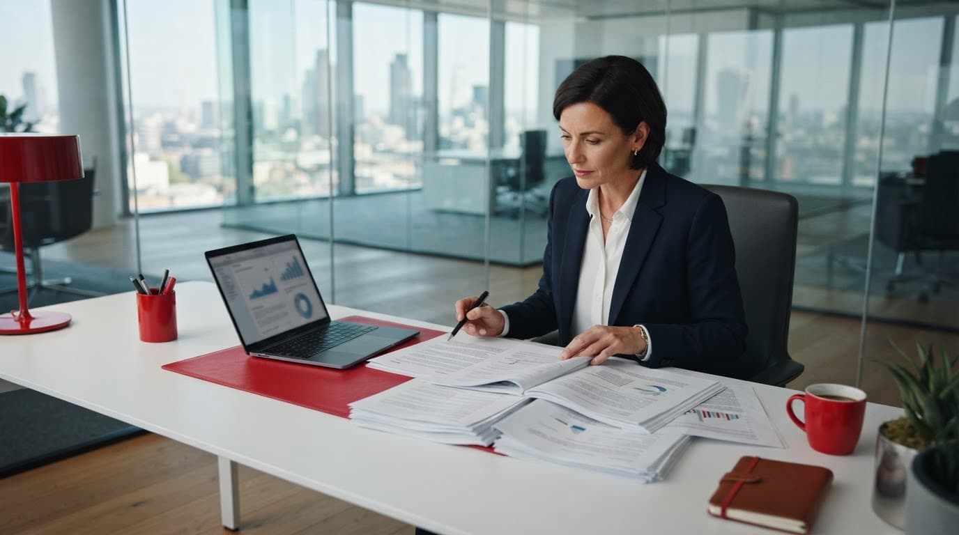 An executive reviewing business documents at a minimalist desk with red accents.