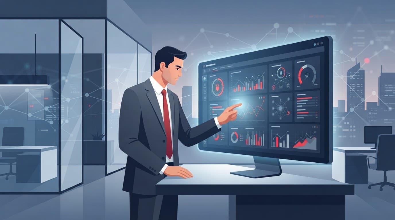 An executive reviewing risk metrics on a minimalist dashboard.
