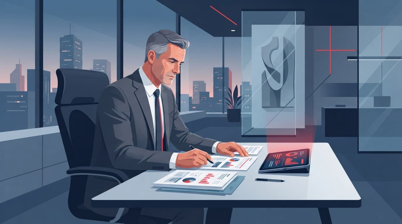 An executive reviews financial papers beside a modern device on a clean desk.