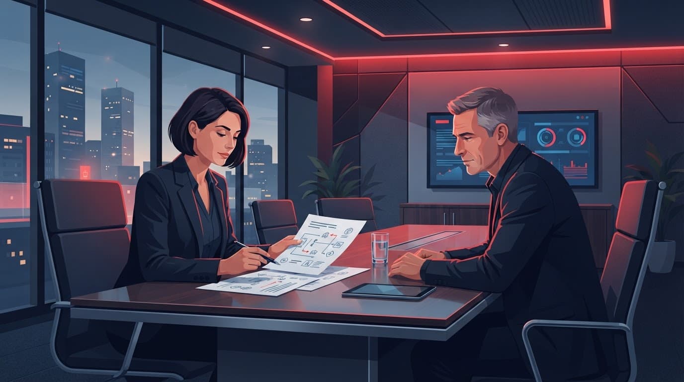 Two leaders review documents across a sleek table under red accent lighting.
