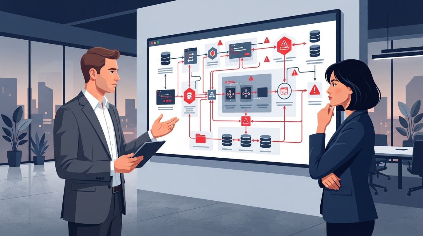 Two executives review an abstract software architecture diagram on a large display in a modern office.