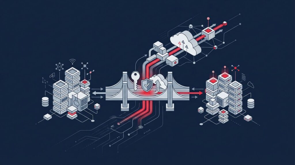 Two server platforms connect through a secure central bridge with cloud and shield symbols.