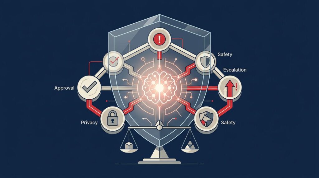 A glowing workflow network inside a glass shield, connected to approval, privacy, safety, and escalation symbols.