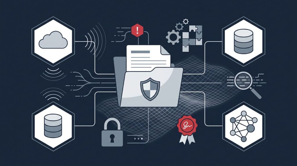 A secure contract folder connects to a cloud, database, lock, and network nodes.