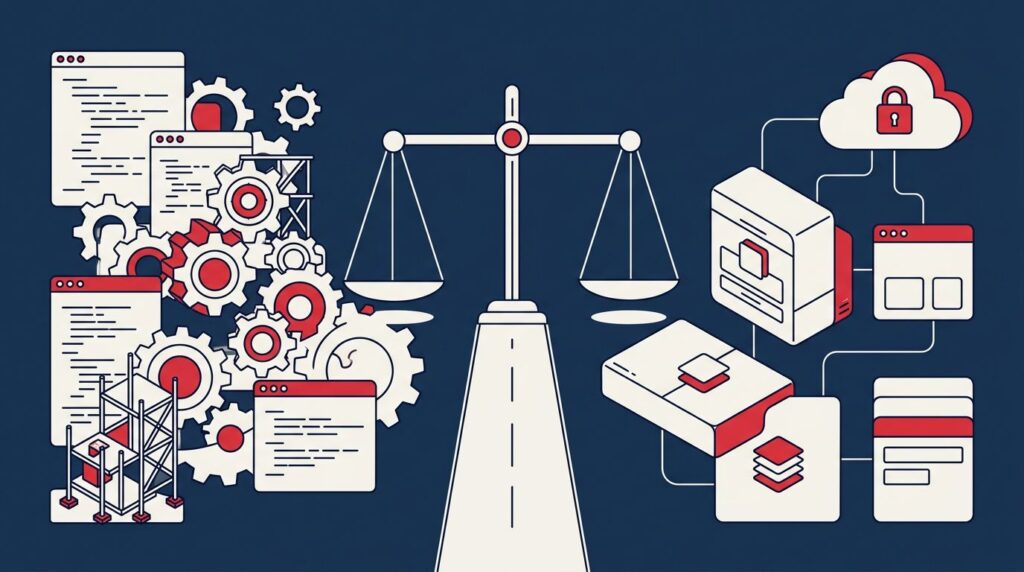 A balance scale compares custom code modules with connected cloud software blocks.
