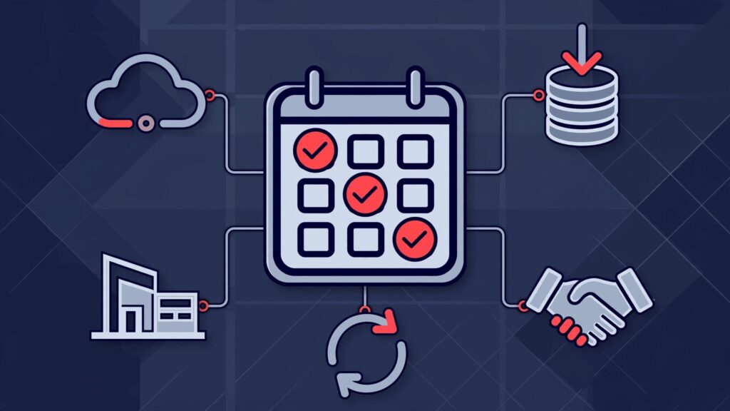 A calendar with red checkpoints links cloud, backup, office, vendor, and recovery icons.