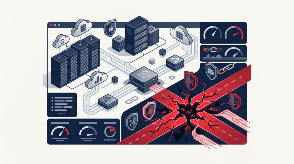 A digital infrastructure dashboard shows connected systems and a cracked red warning path.